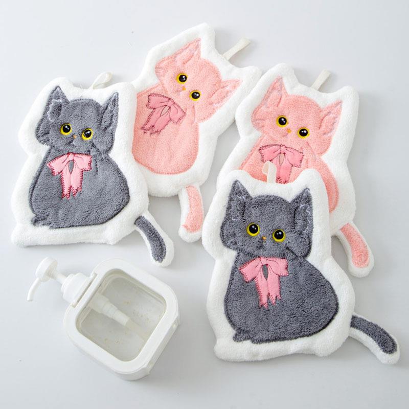 可爱猫咪珊瑚绒擦手巾吸水柔软厨房清洁抹布浴室儿童擦手小毛巾