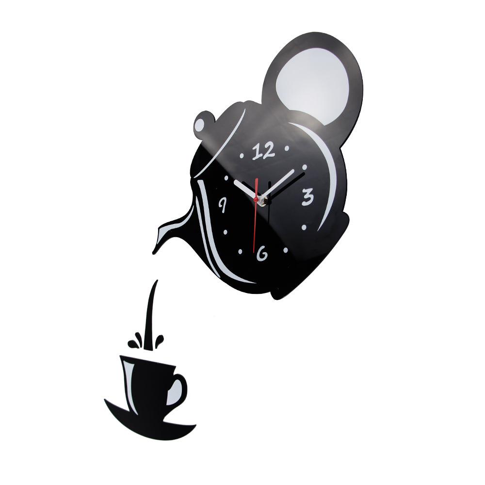 时尚创意茶壶挂钟DIY亚克力镜面墙贴装饰钟客厅卧室时钟静音钟表