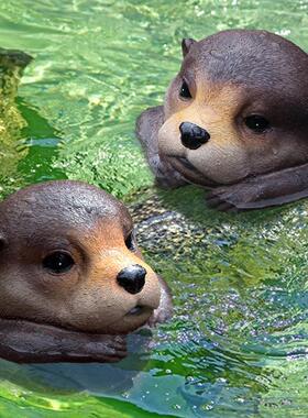 户外花园庭院池塘鱼缸假山装饰造景动物水獭漂浮树脂浮水摆件