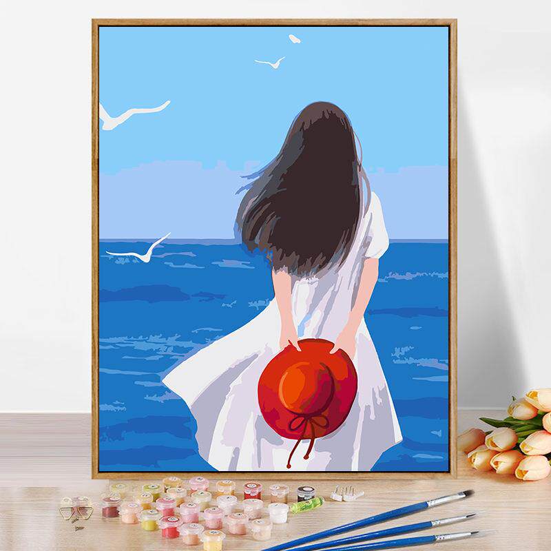 diy数字油画手绘少女人物背影简单填色油彩画带框油画