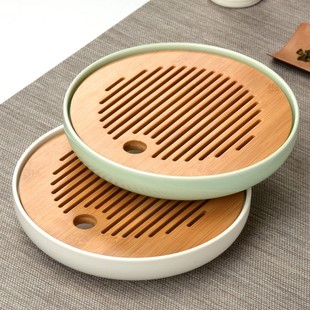 竹托盘干泡盘小茶台 陶瓷圆形茶盘简约功夫茶具家用排储水茶海日式
