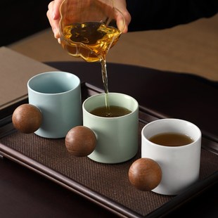 复古创意茶杯陶瓷木头圆球杯子小水杯家用木手T柄隔热防烫品茗杯