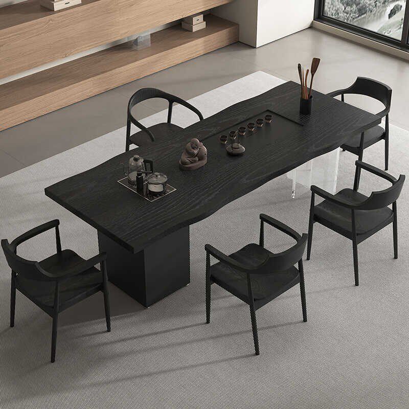 侘寂风实木茶桌椅组合茶盘烧水壶一体碳化K黑原木大板泡茶桌亚克