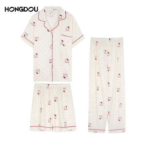 【婷二专属】睡衣女短袖长裤三件套亲肤柔软家居服套装-H5N8364