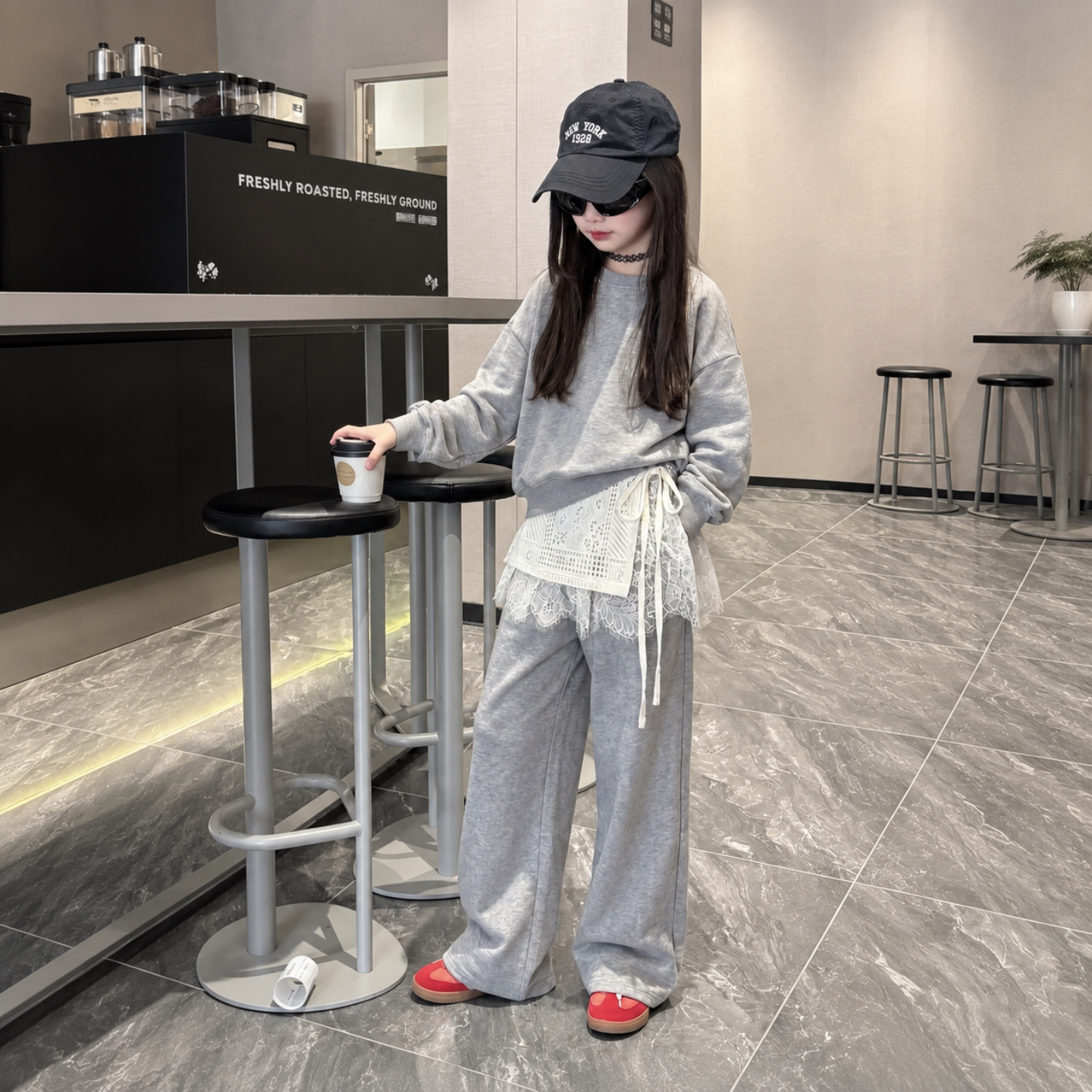 女童休闲蕾丝拼接卫衣套装中大童夏季宽松洋气阔腿裤两件套甜美风