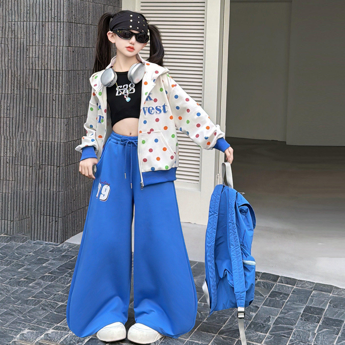 女童爵士街舞服套装韩系休闲甜酷辣妹彩色波点连帽卫衣外套阔腿裤