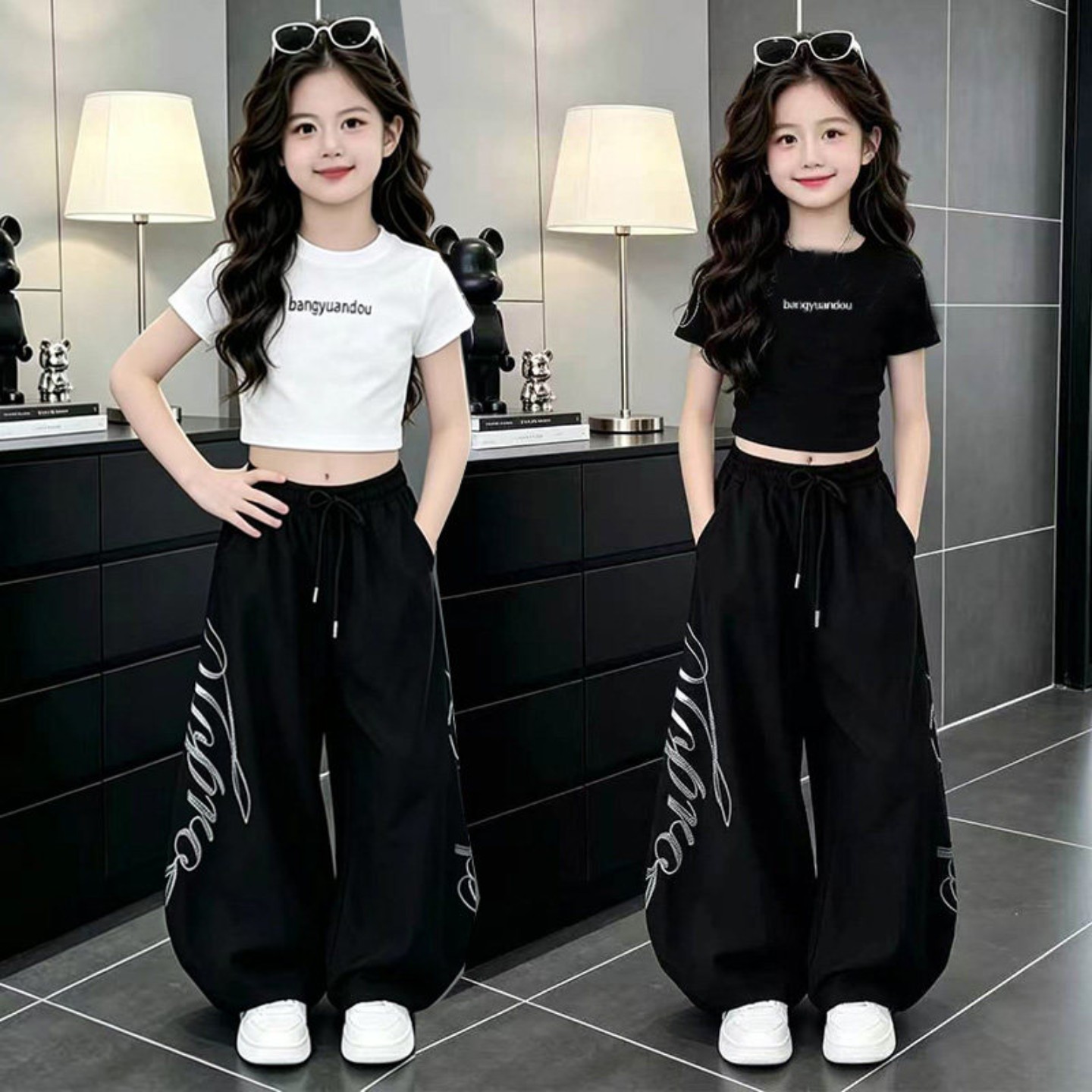 女童嘻哈爵士舞服短袖套装潮流洋气儿童夏季舞蹈练功中大童阔腿裤