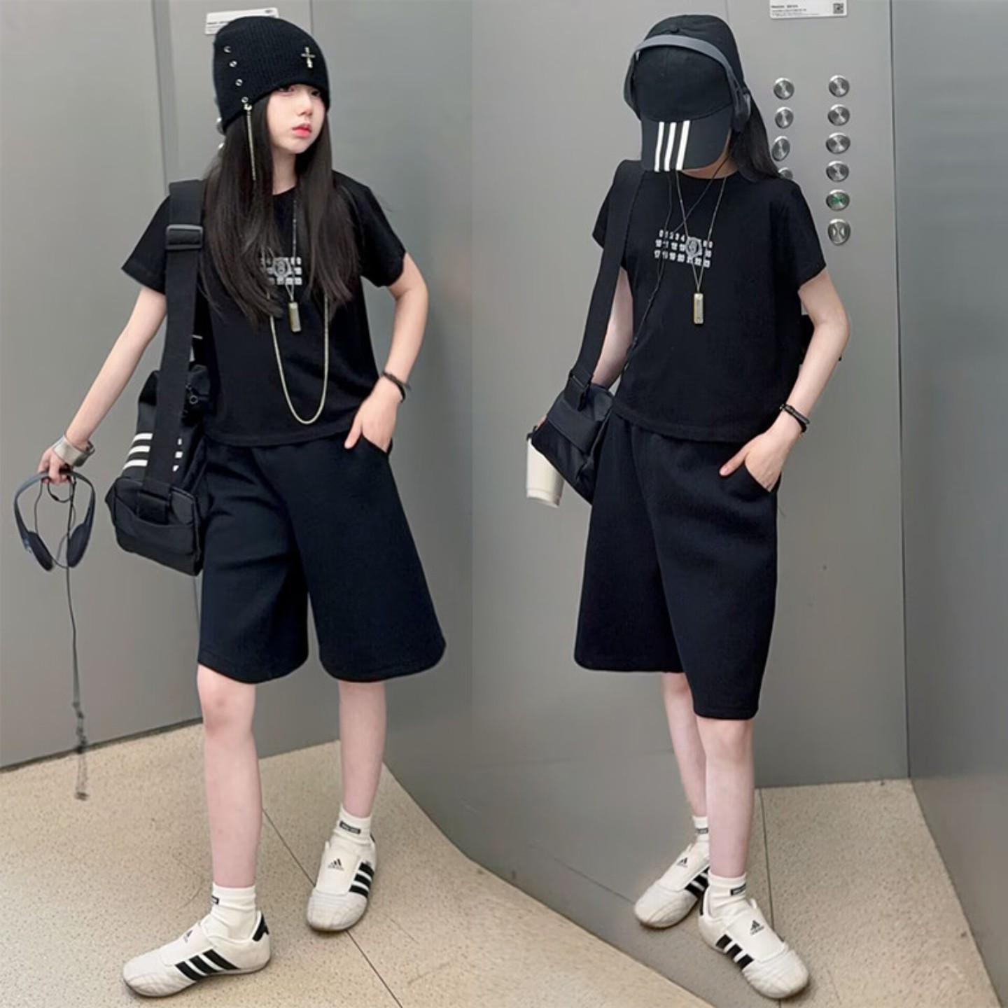 酷感休闲女童软糯棉纯色字母上衣宽松五分运动裤少儿爵士舞蹈潮流