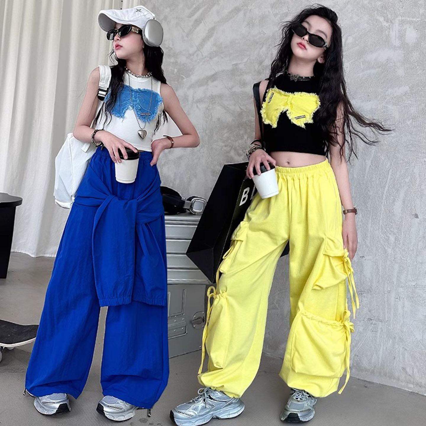 女童爵士舞套装夏季洋气2025新款贴布蝴蝶背心休闲韩版炸街工装裤