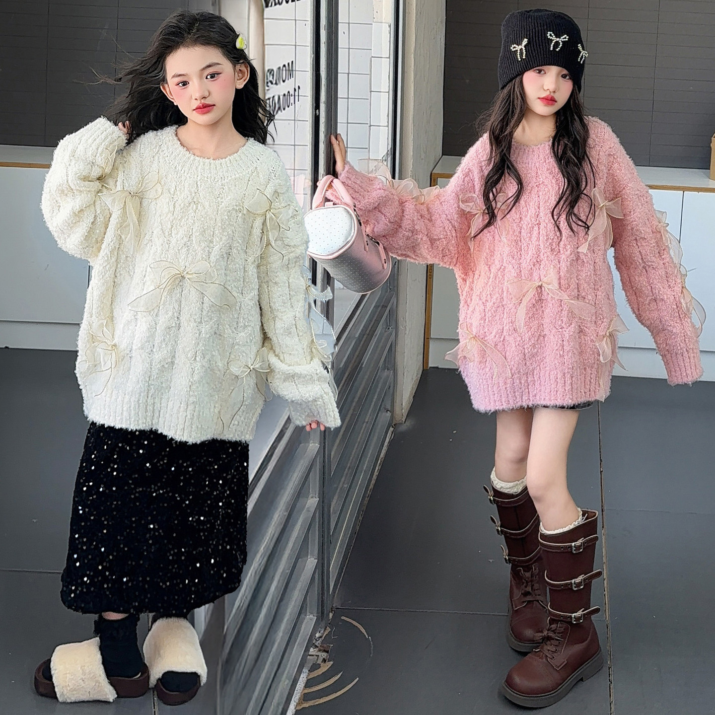 女童毛衣洋气秋冬季粉色毛毛衣
