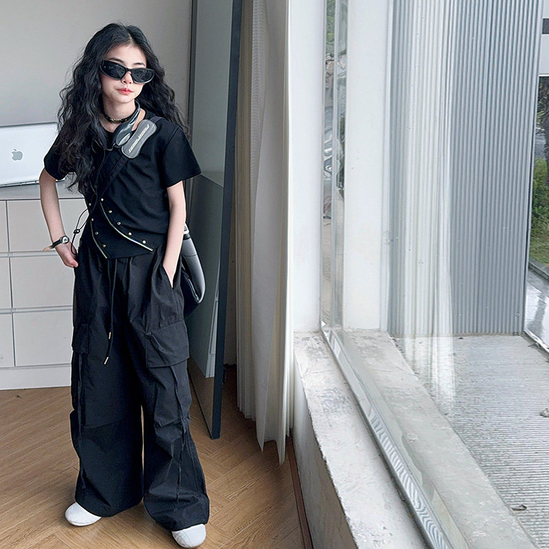 爵士舞女童夏季2025新款儿童洋气时髦休闲短袖T恤阔腿裤工装裤,童装/婴儿装/亲子装,儿童演出服,淘宝优惠券,粉丝福利购,淘宝优惠卷