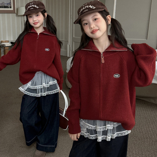 女童牛仔裤秋冬时髦洋气红色毛衣中大儿童加厚款翻领开衫针织外套
