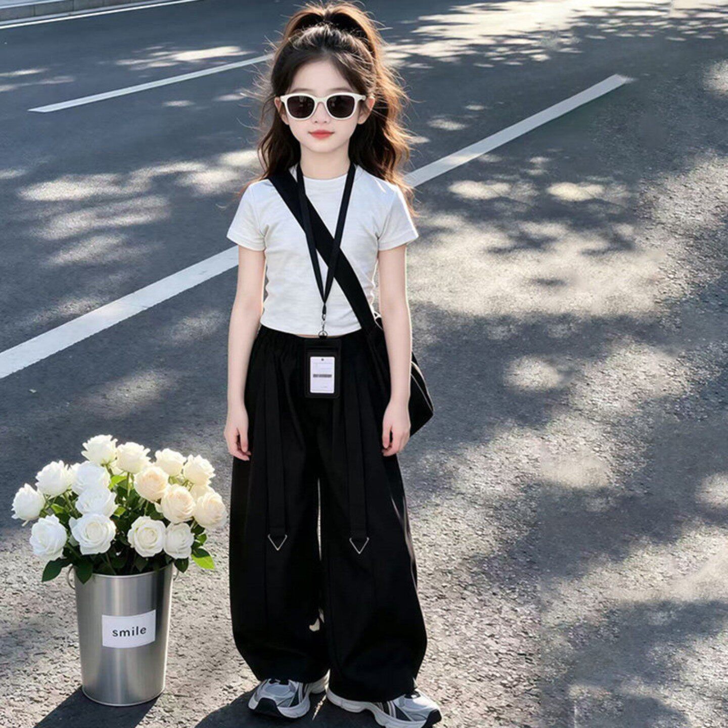 女童套装爵士舞服夏季街舞短袖上衣阔腿裤两件套洋气时髦潮酷穿搭