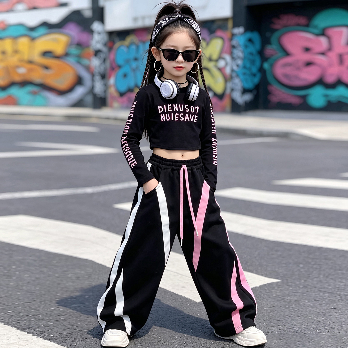 女童爵士舞服装练功黑色紧身长袖中大时尚潮酷穿搭儿童街舞表演秋
