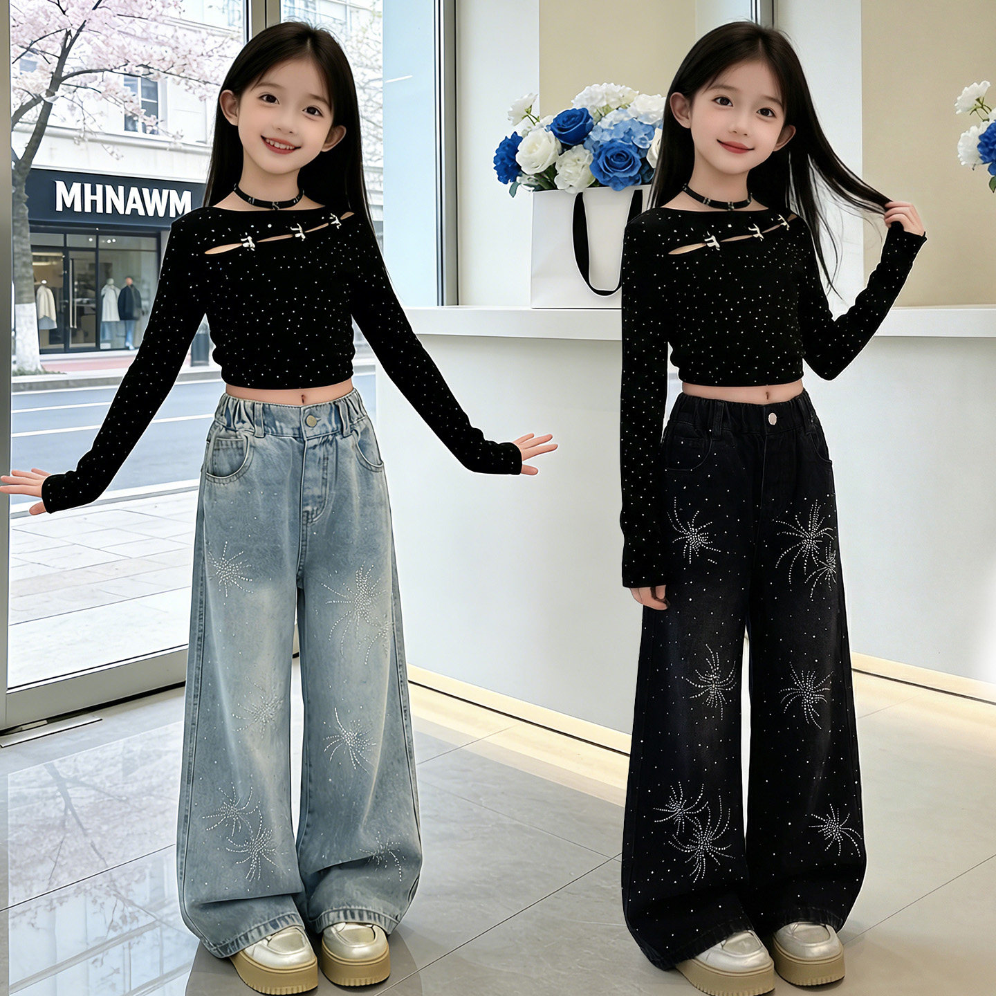 女童黑色爵士舞服装jazz舞蹈练功套装中大童嘻哈风烫钻牛仔裤时髦图片