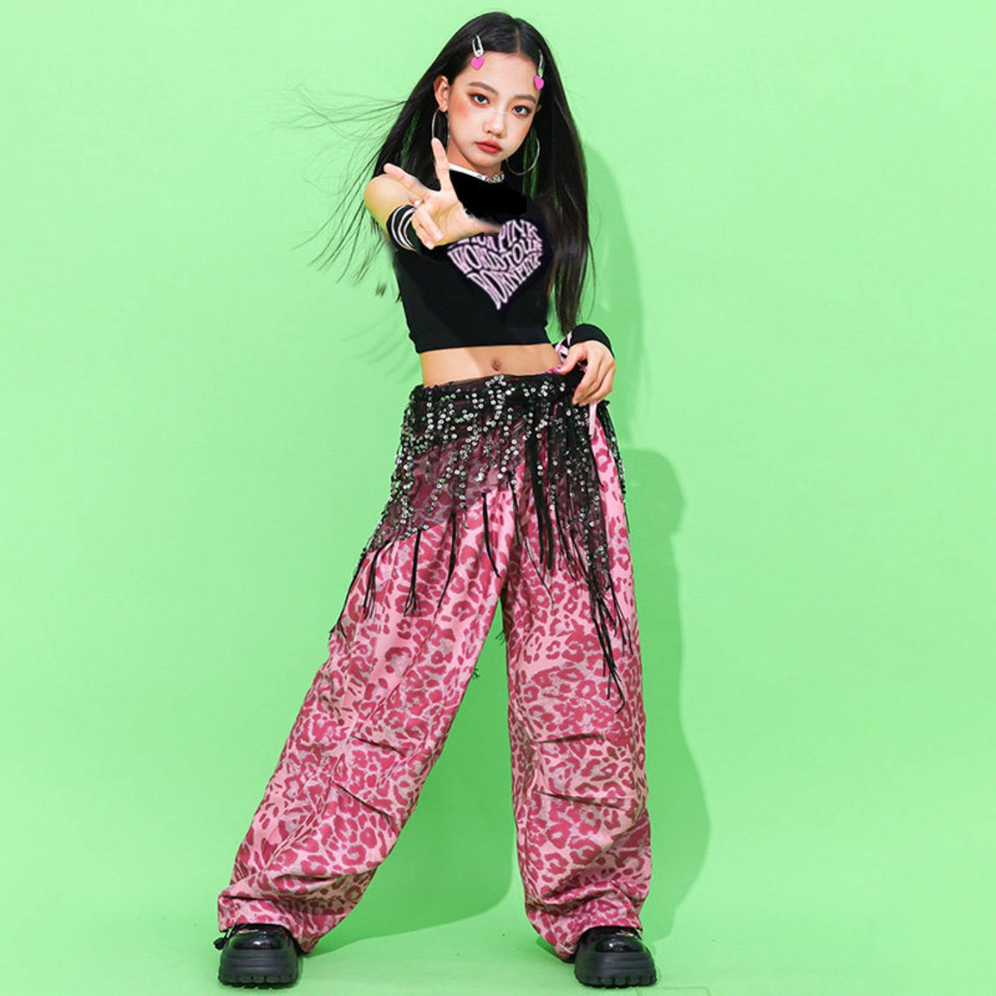 jazz女童爵士舞演出服儿童街舞服装豹纹阔腿裤少儿练功舞蹈服套装