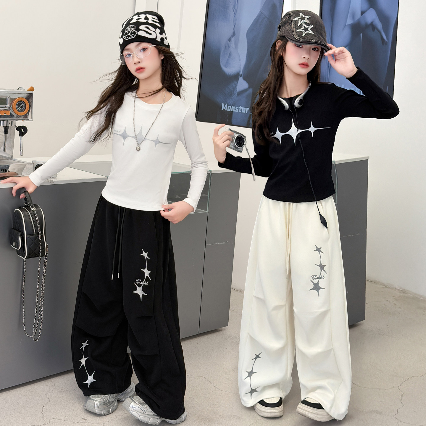 爵士舞女童装秋季新款儿童长袖弯刀阔腿裤两件套大童女孩街舞套装