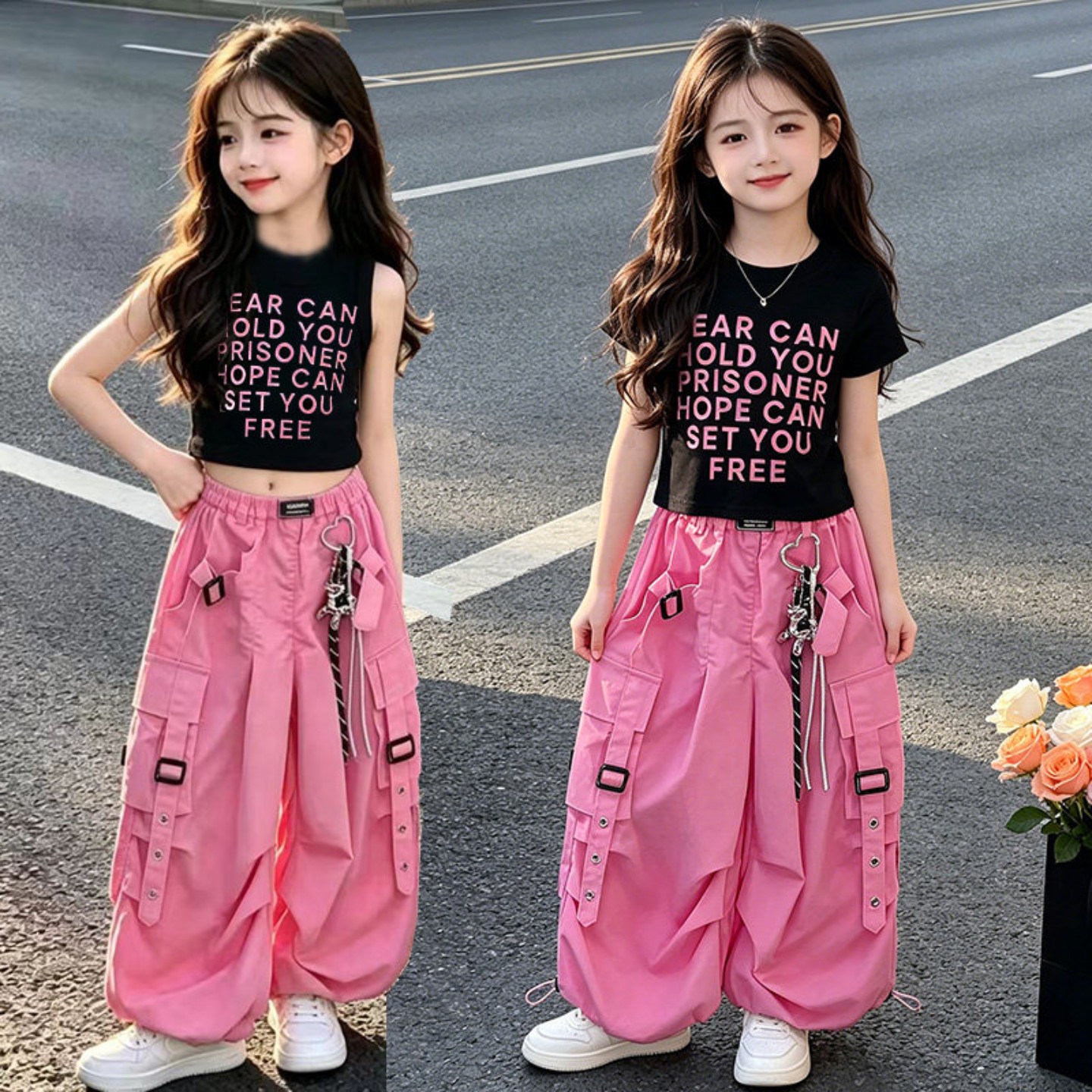 女童爵士舞套装短袖背心儿童舞蹈服时尚洋气潮街舞儿童装夏季薄款