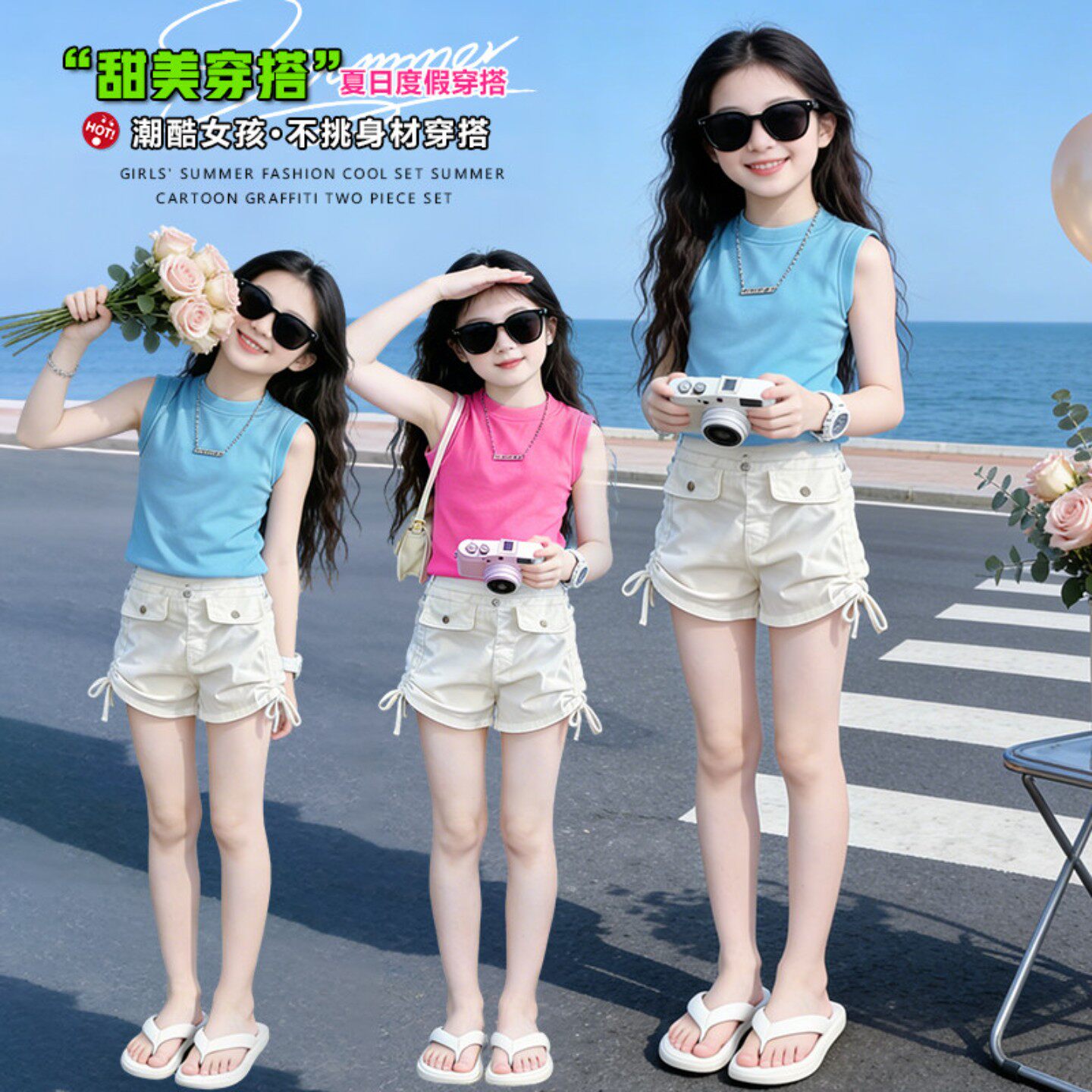 女童夏季韩版洋气背心牛仔短裤套