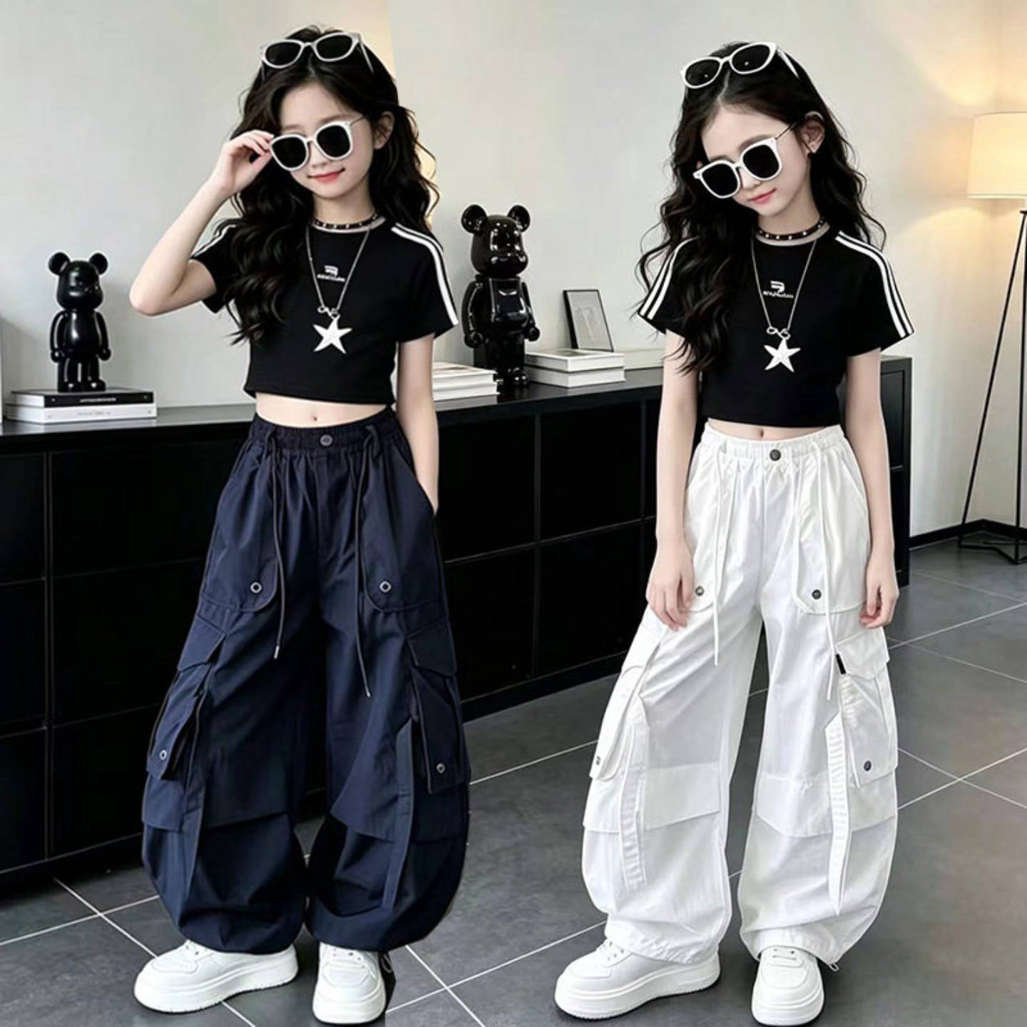 女童爵士舞服夏季薄款工装风套装街舞儿童舞蹈练功服高腰黑色短袖