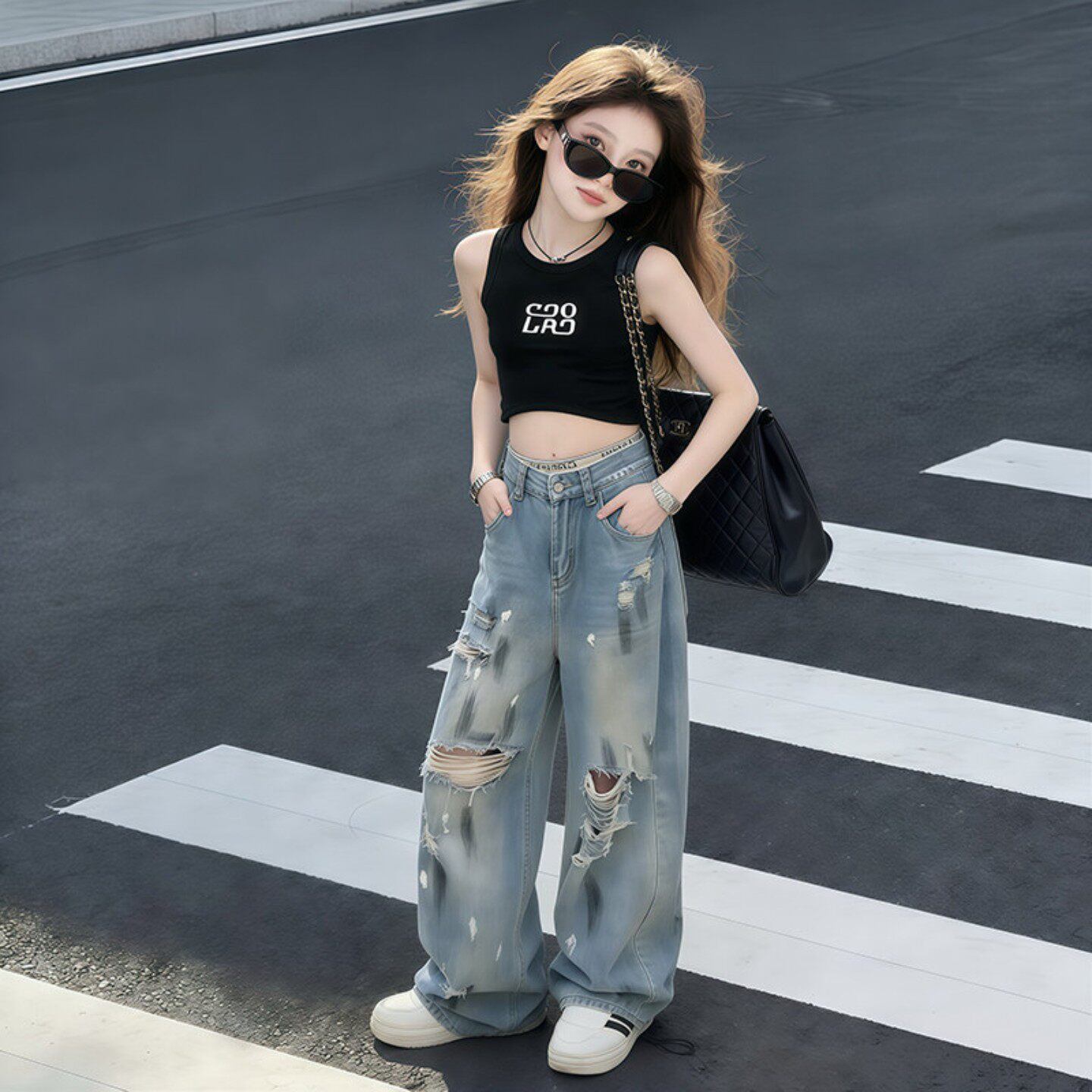 皮皮妞女童爵士服美式弯刀破洞牛仔裤露脐背心儿童演出服个性走秀
