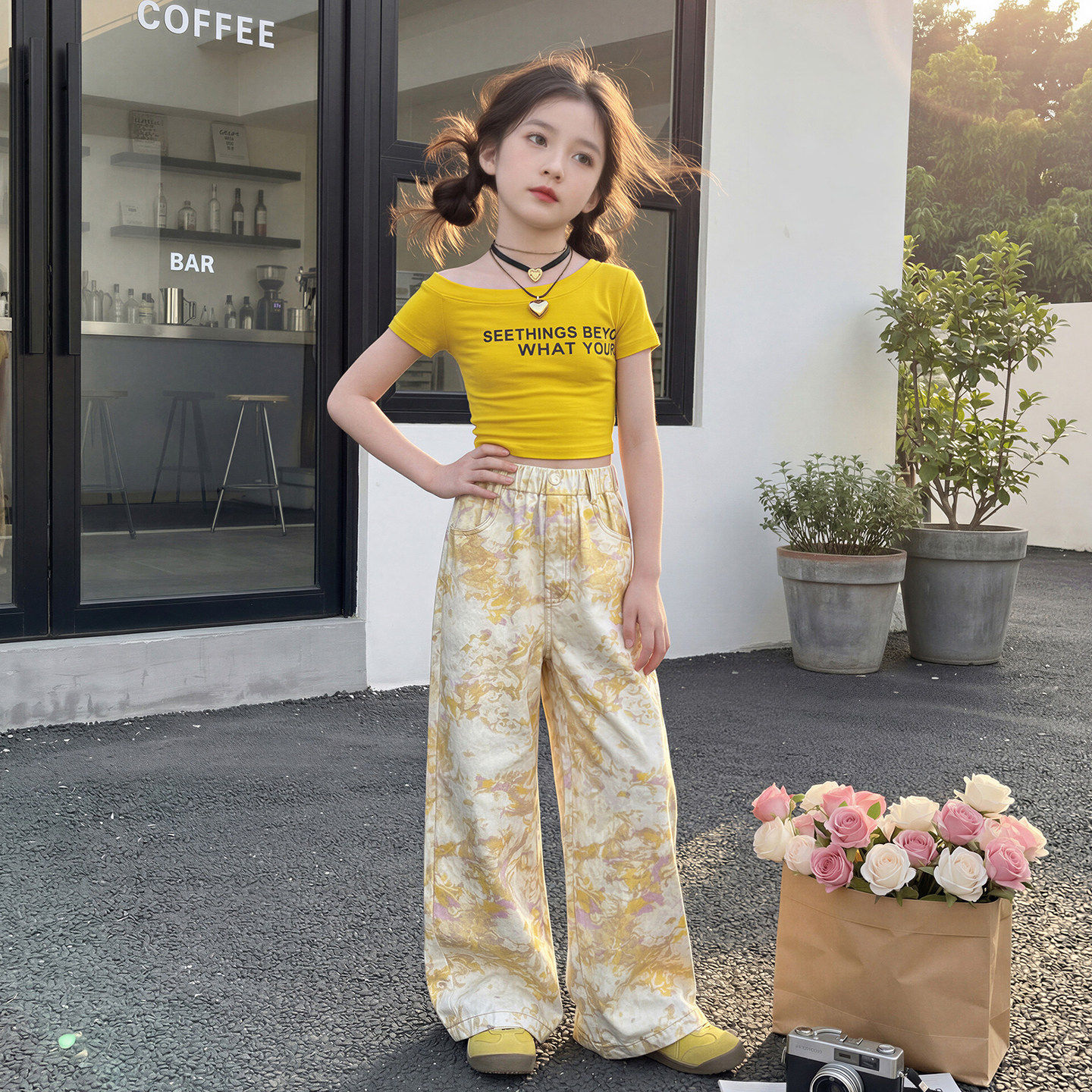 夏季女童爵士舞服装练功多巴胺黄色套装儿童夏季短袖修身街舞潮服