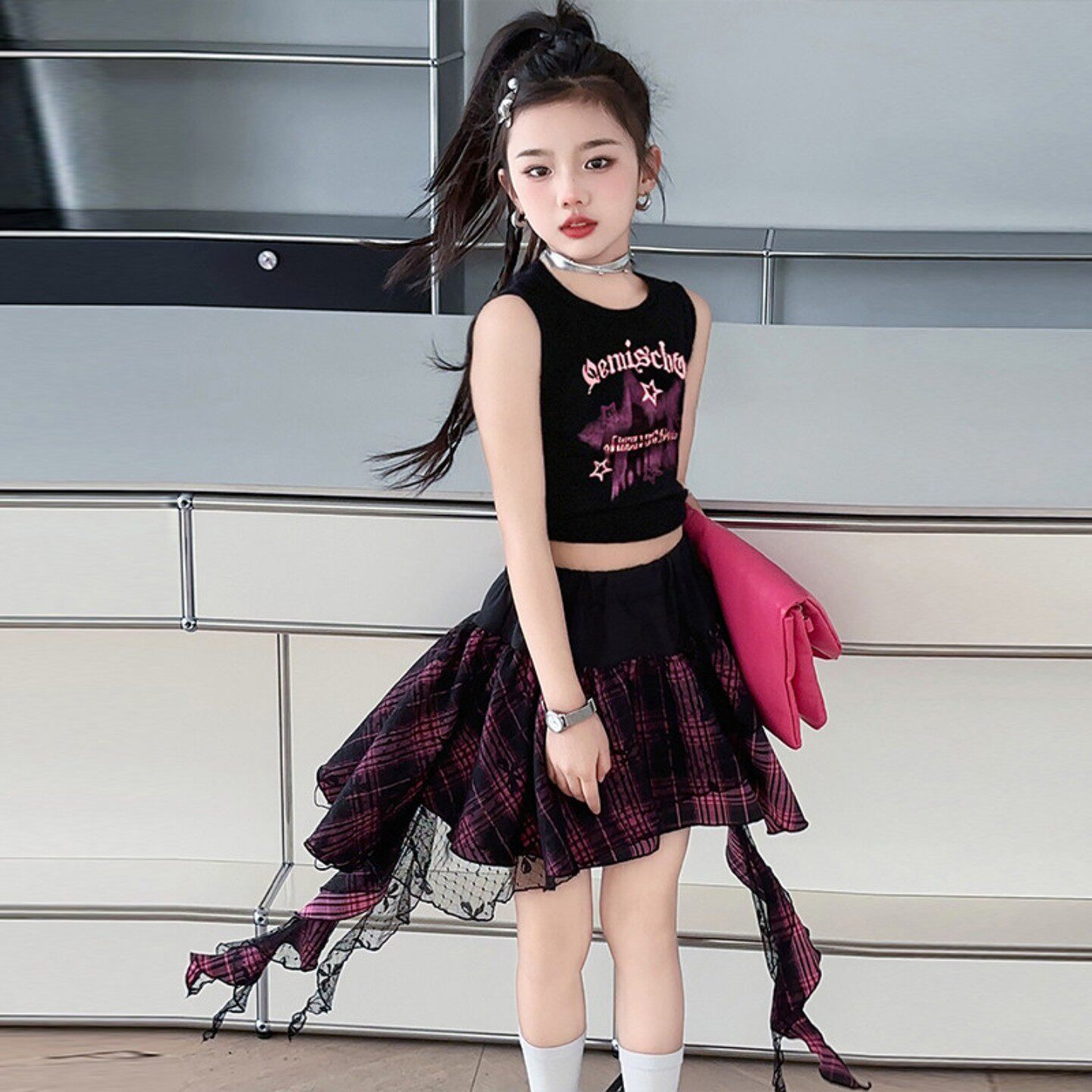 甜酷辣妹风女童爵士街舞服不规则格子裙背心套装儿童走秀拍照写真