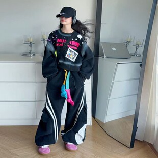 女童冬装套装2026新款女孩冬季加绒加厚美式潮酷卫衣长裤两件套