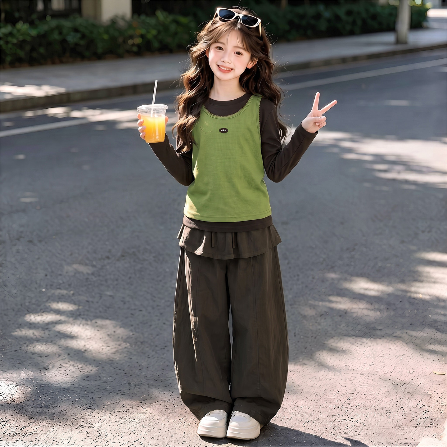 女童韩系复古针织背心套装春秋新款儿童洋气长袖打底衫屁帘阔腿裤