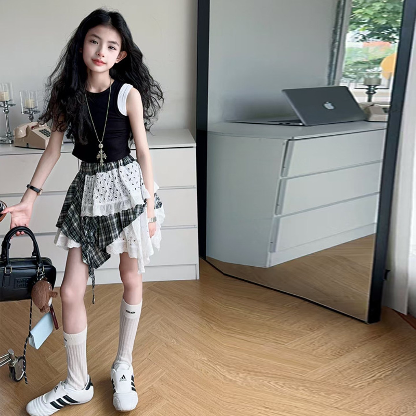 女童不规则蕾丝拼接半身裙套装夏季2026新款中大童韩版蛋糕短裙子