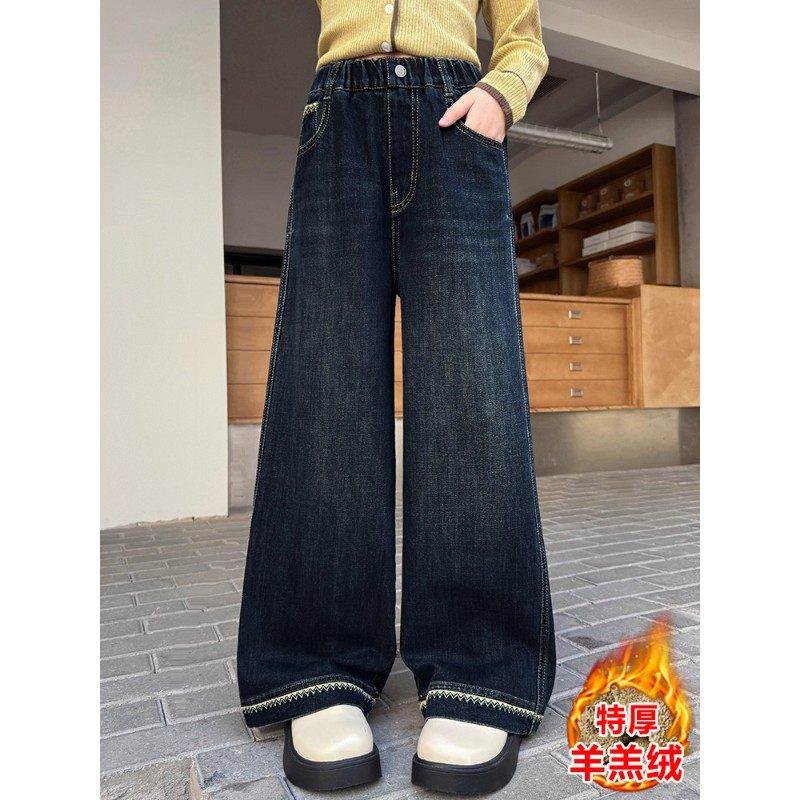 女童冬季加厚羊羔绒裤子2026新款中大童女孩窄版保暖阔腿牛仔裤潮