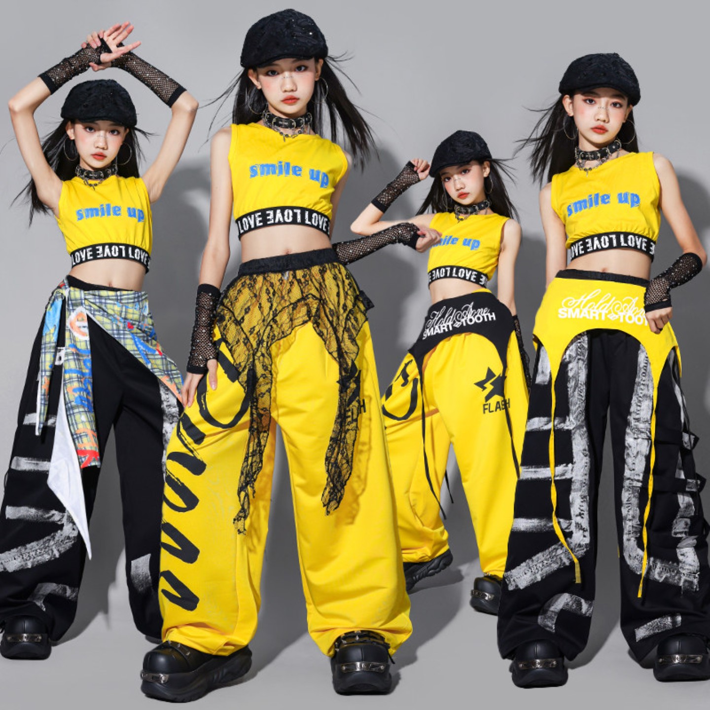 六一女童黄色爵士舞服装少儿jazz练功服儿童街舞演出服走秀套装潮