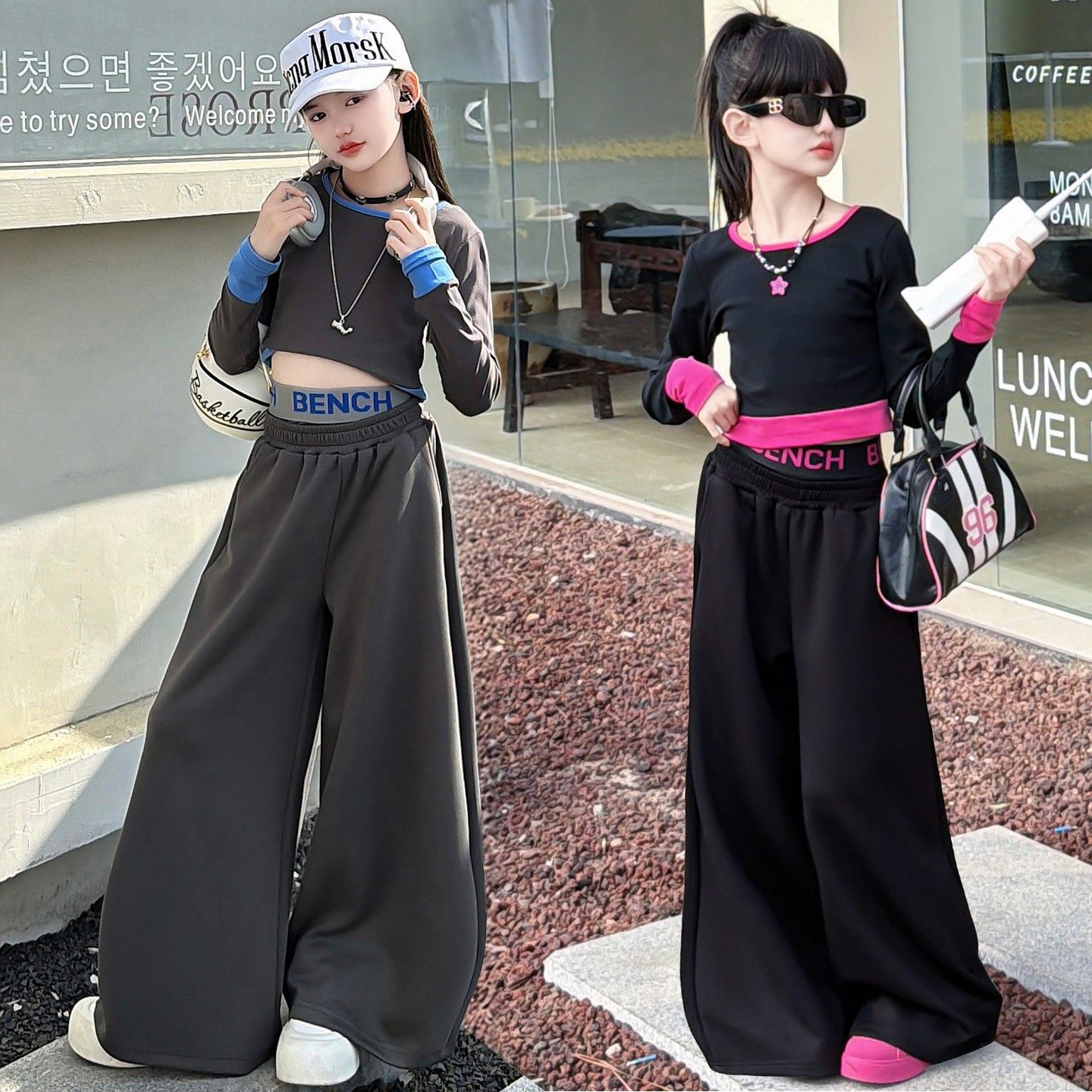 女童爵士舞春装套装2026新款辣妹露肩长袖T恤阔腿裤两件套