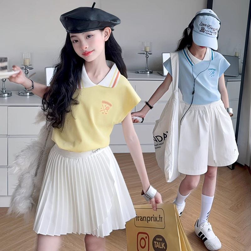 女童网球运动套装夏季儿童训练运动Polo上衣女孩速干短裙拍照走秀