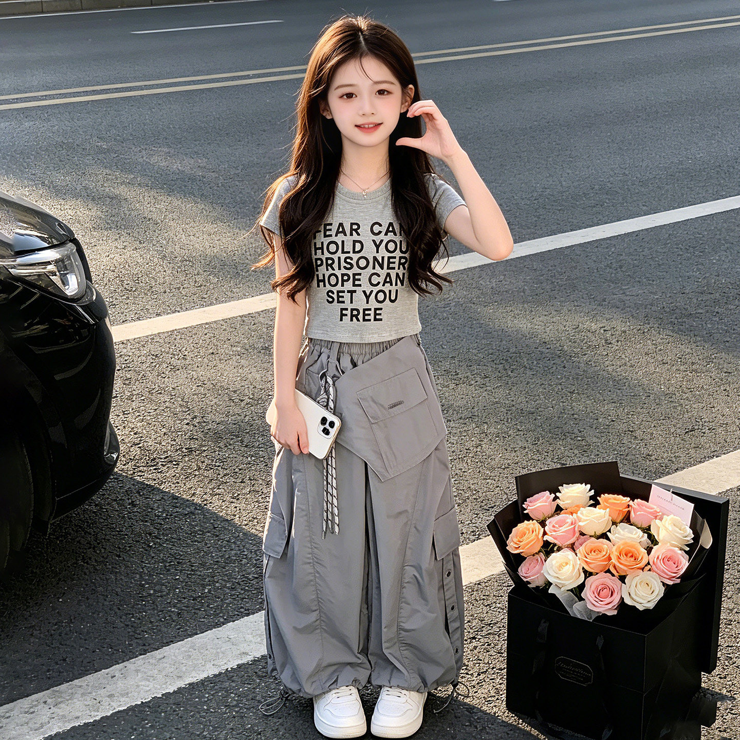 女童爵士舞服装夏季灰色短袖时髦潮酷工装裤套装嘻哈街舞儿童舞蹈