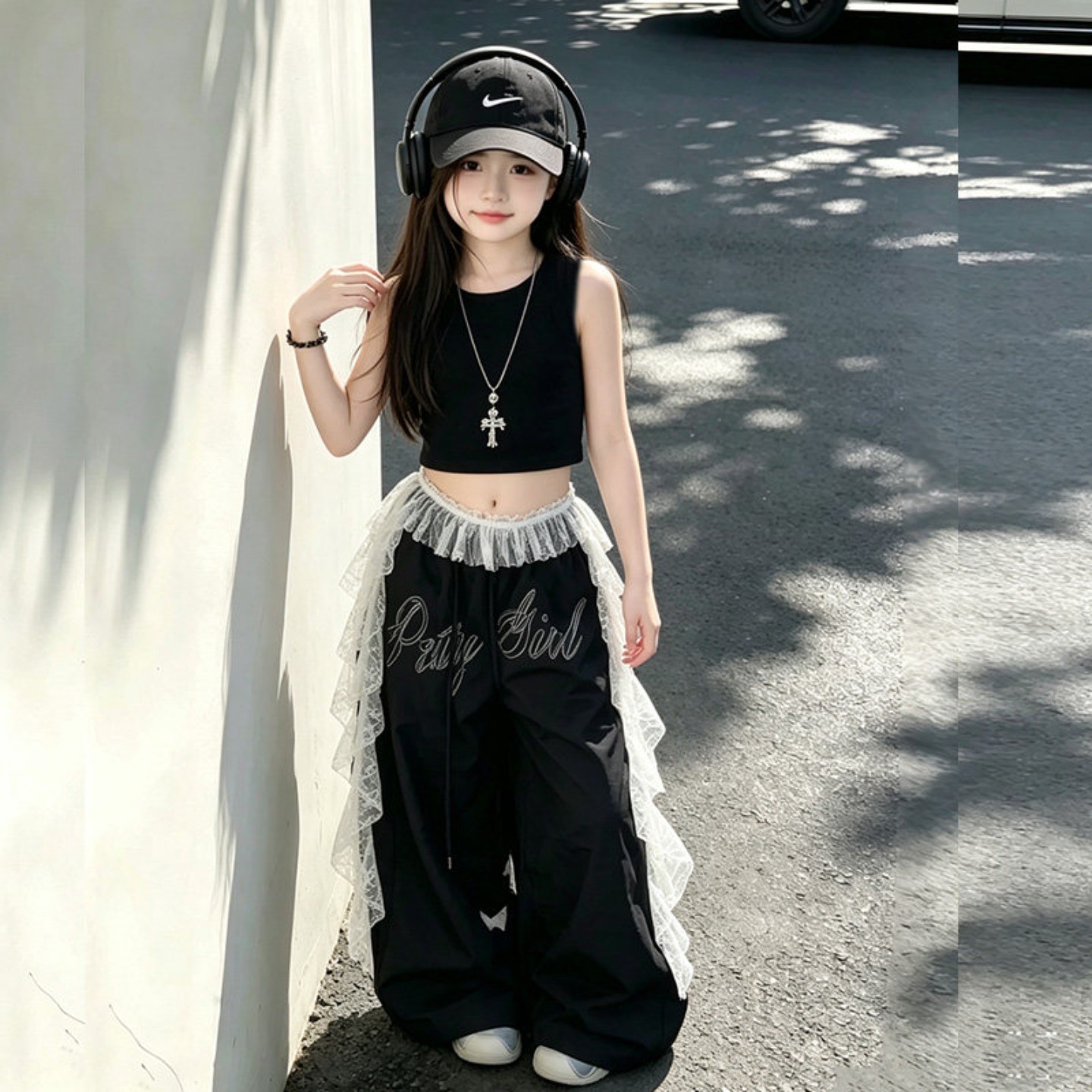 女童爵士舞服装夏黑色背心套装jazz舞蹈练功儿童街舞潮服表演时髦
