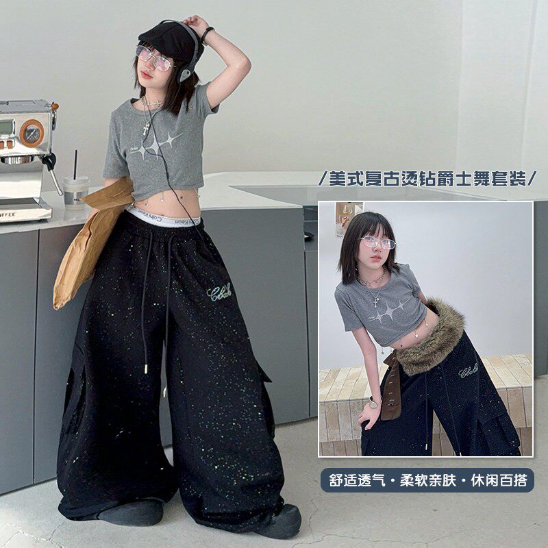 女童弧形露脐短袖烫钻伞兵工装裤大儿童hiphop爵士街舞服装潮套装