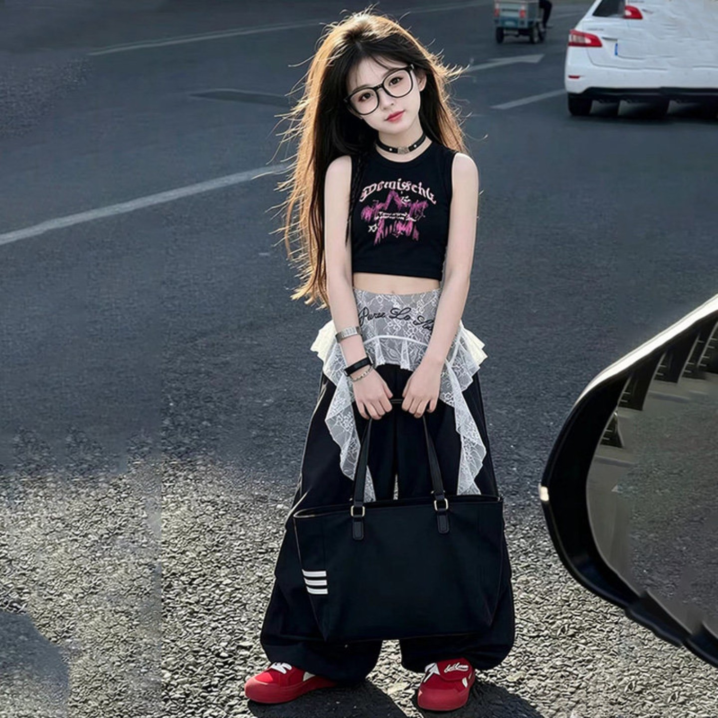 爵士舞服装女童黑色露脐背心阔腿裤套装街头风演出服舞蹈练功表演
