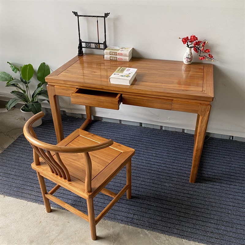 北方老榆木书桌学习桌实木电脑桌禅意家用简约写T字台新中式办公