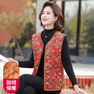 台格加绒保暖秋冬季奶奶装中老年妈妈装印花无袖厚棉马夹马甲女