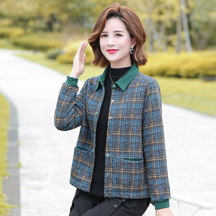 台格宽松版春秋季妈妈装中老年装上衣翻领格子长袖休闲百搭外套女