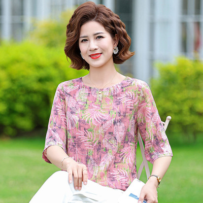 台格【清凉薄款】26年夏季妈妈中老年装圆领小清新印花中袖上衣女