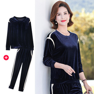 台格丝绒套装春秋季妈妈装中老年装圆领长袖上衣+休闲裤套装女