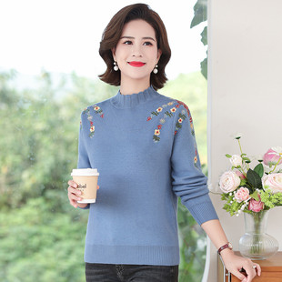 台格半高领毛衣女秋冬季妈妈装中老年长袖绣花针织衫上衣断码清仓
