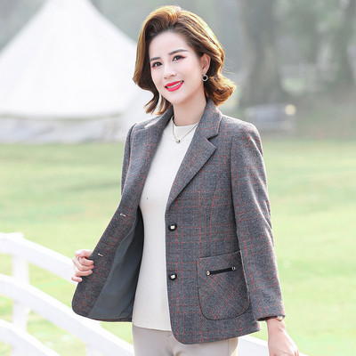 【台格】春秋季妈妈装中老年装翻领格子长袖休闲西服外套女