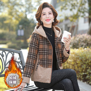 台格加绒棉外套秋冬季妈妈装中老年装休闲连帽格子拼接百搭外套女