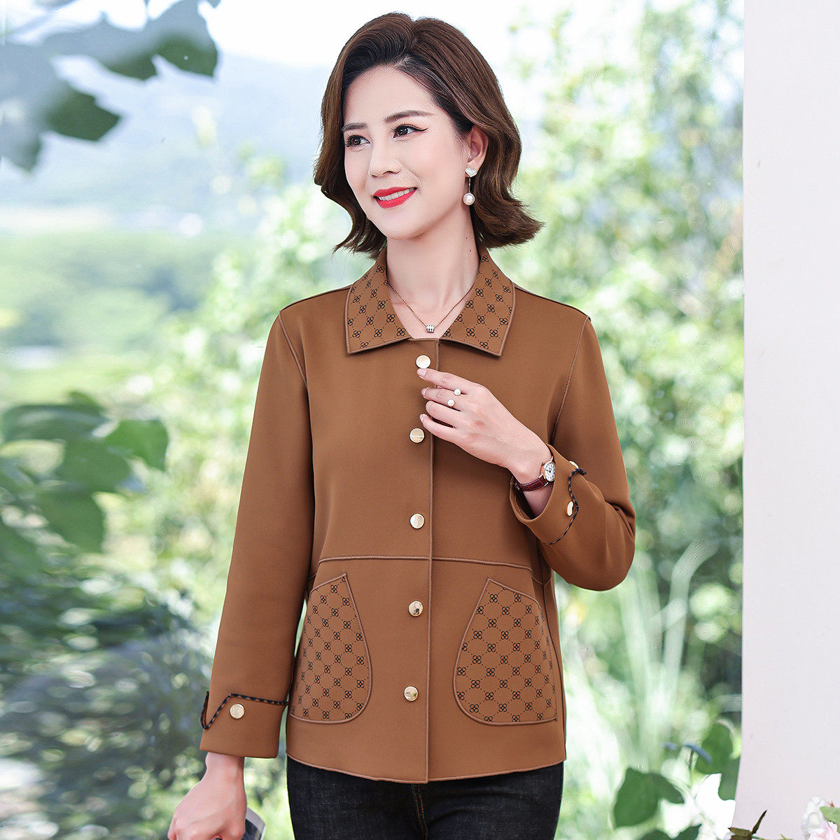 【台格】春秋季时尚妈妈装中老年装格子翻领长袖宽松外套女,女装/女士精品,短外套,淘宝优惠券,粉丝福利购,淘宝优惠卷