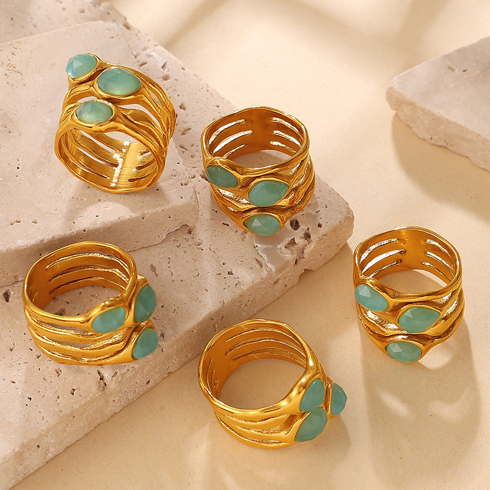 欧美复古氛围感天然石镂空多层波浪戒指不锈钢镀18K金高级感戒指