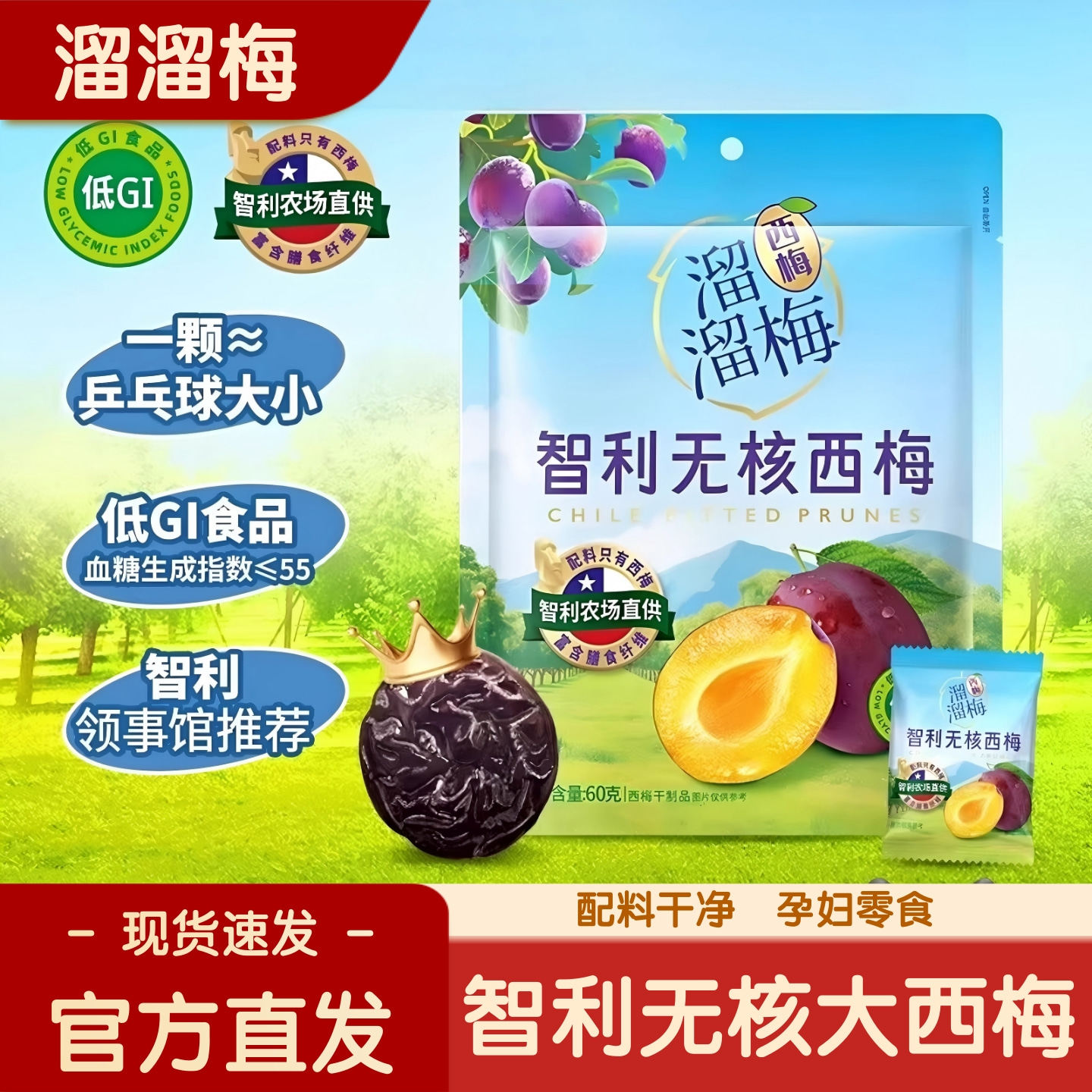 【官方正品】溜溜梅智利无核西梅GI大颗粒果干休闲解馋孕妇小零食
