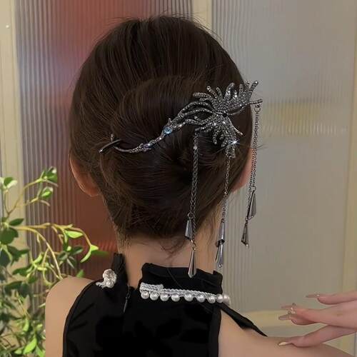 古风蝴蝶风铃流苏扭扭夹气质发夹女后脑勺盘发抓夹高端水钻一字夹